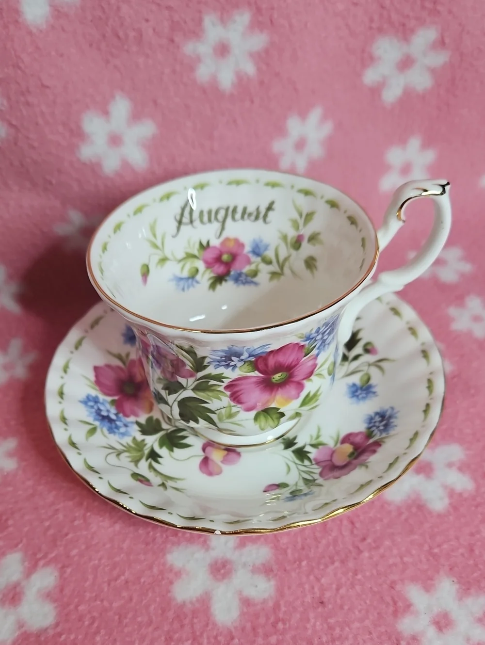 Vintage August 1970 Floral Bone China Teacup and Saucer - Pink Floral Design